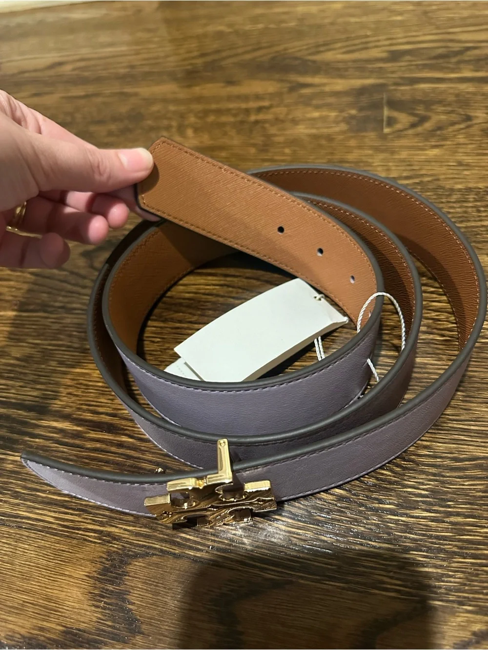 Tory Burch New Lavender Reversible Leather Belt with Gold T Logo Buckle 1.5”